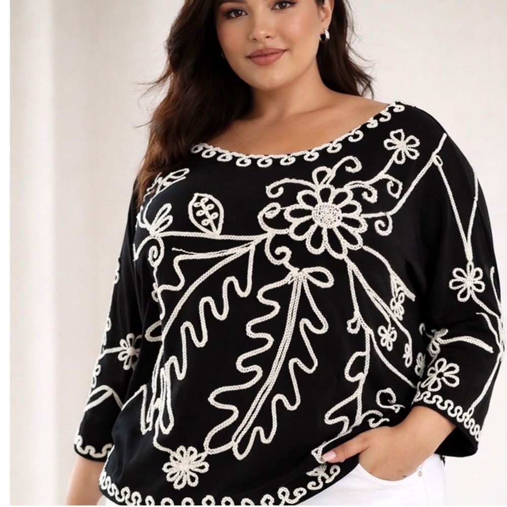 Carol Little Blouse Embroidered Top Plus Sz Soutache Boho Floral Artwear Blouse